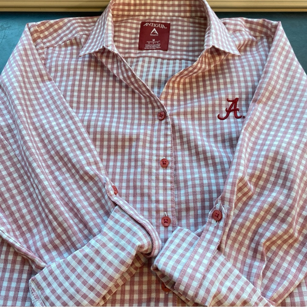 Antigua Red & White Checkered Button Down Shirt Alabama Crimson Tide size Medium - Picture 13 of 16